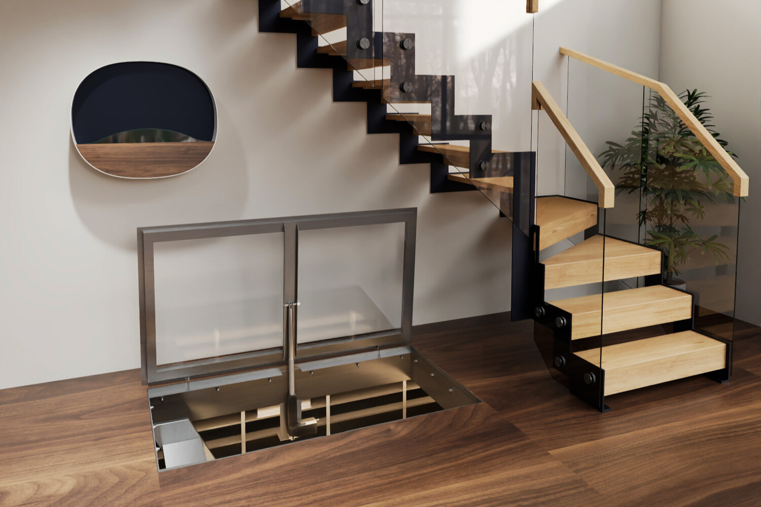 Vinkælder elegant integreret under trappe